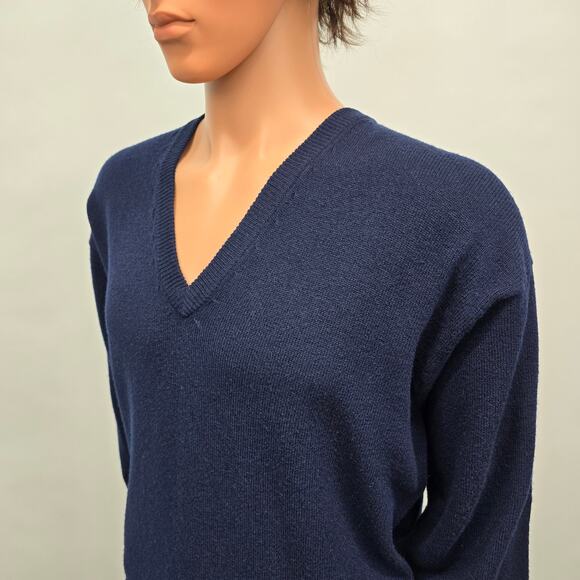 Huntington Lambswool Virgin 100% Wool V-Neck Sweater Men M Navy Knit Vintage - Picture 7 of 13